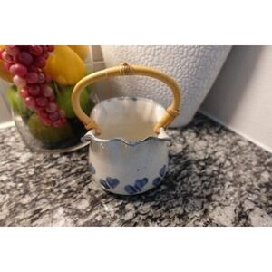 Vintage Blue White Pottery basket with bamboo handle blue hearts Janet Rodriguez